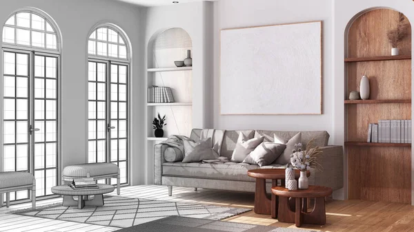 Mimari iç mimar konsepti: elle çizilmiş tamamlanmamış taslak proje gerçeğe dönüşüyor, kemerli pencereler ve parketlerle boho tarzı oturma odası. Bohem ahşap tarzı