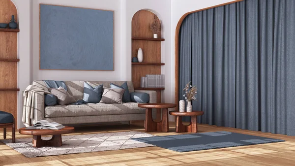 アーチ型のドアと寄木細工の床とブーホースタイルの木製のリビングルーム 生地のソファ カーペット 白と青のトーンでテーブル ボヘミアンインテリアデザイン — ストック写真