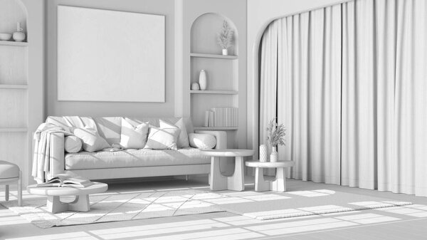 Total white project draft, wooden living room in boho style with arched door and parquet floor. Fabric sofa, carpet, shelves and table. Bohemian interior design
