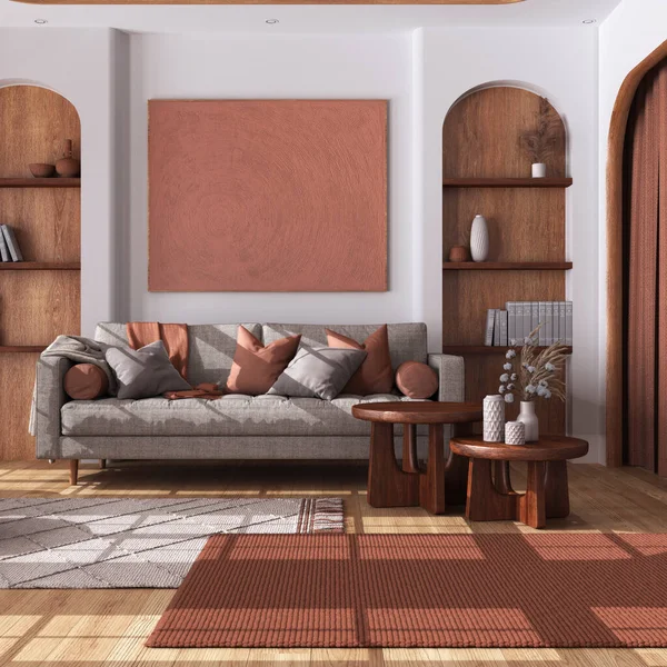 カーテン ファブリックソファ テーブルと白とオレンジのトーンでカーペットとヴィンテージ木製のリビングルーム 寄木細工の床とアーチ型のドア 農家のインテリアデザイン — ストック写真