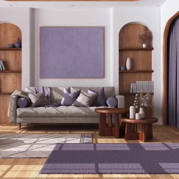 Vintage wooden living room with curtains, fabric sofa, tables and carpet in white and purple tones. Parquet floor and arched door. Farmhouse interior design