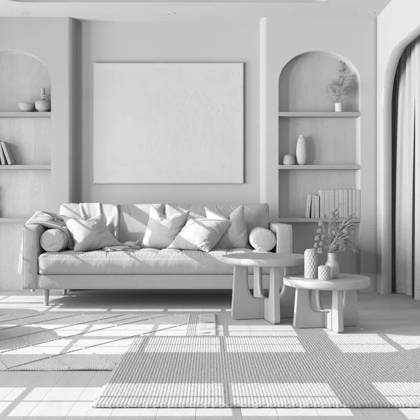 全白色的项目草案 老式木制客厅与窗帘 面料沙发 桌子和地毯 地板和拱门 农舍室内设计 — 图库照片