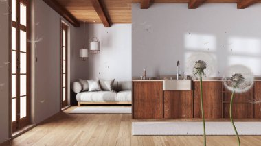 Tohumlarını japandi ahşap oturma odası ve mutfağına boho tarzında salgılayan tüylü havadar karahindiba. İç tasarım fikri. Değişim, büyüme, hareket ve özgürlük kavramı