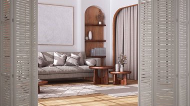 Kır evinin beyaz katlı kapısı ahşap mobilyalar, halı ve kumaş kanepe, boho iç tasarım, mimar tasarımcı konsepti ile açılıyor.