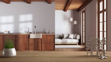 Ahşap masa, masa ya da raf, saksı bitkisi, ev anahtarları ve 3D harflerle ev, güzel ev, oturma odası ve mutfak japandi tarzında, iç tasarım, kopyalama alanı arka planı