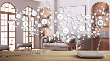 Wi-Fi wireless router on wooden table, smart home, geometric background with connected line and dots showing internet of things system, home automation concept over boho living room