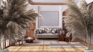 Çakıl taşları, kuru bitkiler, süs, kulaklar, kılıf, vazoların üzerine boho tarzı vazolar serpiştirilmiş pipetler. Koltuklar ve dekorlar, iç tasarım.