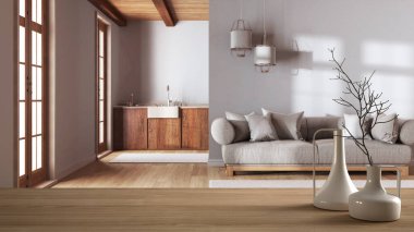Japon ahşap oturma odası ve mutfağının üzerine minimalist modern vazolar serpiştirilmiş ahşap masa veya raf, kumaş kanepe ve dolaplar, modern iç tasarım.