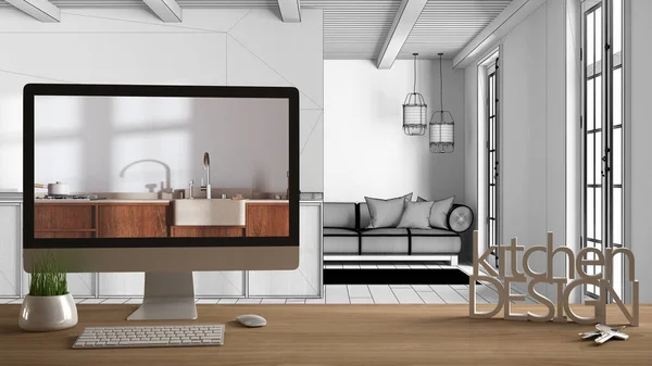 建築家のデザイナープロジェクトのコンセプト キー付き木製テーブル 3D文字の単語キッチンデザインとデスクトップのドラフトを示す 背景に青写真Cadスケッチ 居心地の良いインテリアデザイン — ストック写真