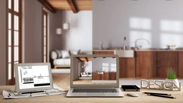 Architekt Projektant Pulpitu Laptop Tablet Drewnianym Biurku Ekranem Pokazującym Projekt — Zdjęcie stockowe