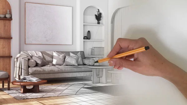 建筑师室内设计理念 手绘设计室内工程 空间成为现实 农舍木制客厅 沙发为博豪风格 — 图库照片