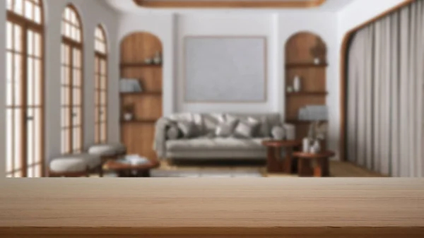 Bohoスタイルの農家の木製のリビングルームのぼやけたビューで空の木製のテーブル 机や棚 枕付きのファブリックソファ モダンなインテリアデザインコンセプト — ストック写真