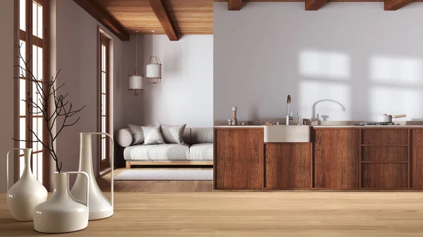Holztischplatte Oder Regal Mit Minimalistischen Modernen Vasen Über Japanischem Holz — Stockfoto