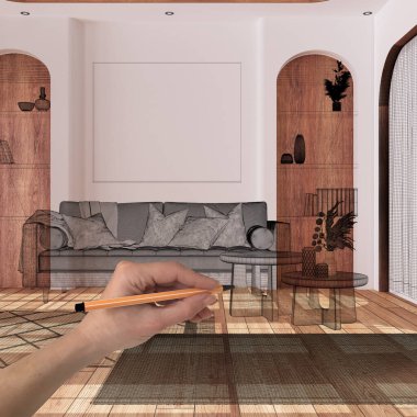 Parke ve beyaz duvarlı içi boş, el yapımı mimari tasarım, siyah mürekkep çizimi, çiftlik evi oturma odasını gösteren plan, konsept, model, fikir.
