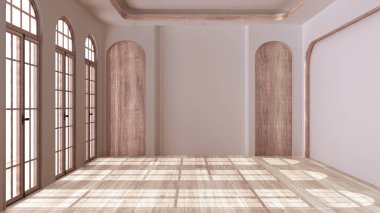 Boş oda iç tasarımı, beyazlatılmış parke zemin, klasik kemerli pencereler, ahşap tavan ve beyaz duvarlar, modern mimari konsept fikri.