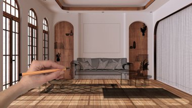 Parke ve beyaz duvarlı içi boş, el yapımı mimari tasarım, siyah mürekkep çizimi, çiftlik evi oturma odasını gösteren plan, konsept, model, fikir.