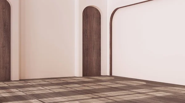 空の部屋のインテリアデザイン 暗い寄木細工の床とオープンスペース 古典的なアーチ型のニッチとドア 白い壁 現代建築の概念のアイデア — ストック写真