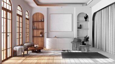 Mimar iç mimar konsepti: elle çizilmiş tamamlanmamış taslak proje gerçeğe dönüşüyor, kemerli pencereler ve parke ile boho tarzı banyo. Japon stili.