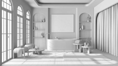 Tamamen beyaz proje taslak, boho tarzı banyo kemerli pencereler ve parke ile. Serbest banyo küveti, halı ve sehpa. Japandi ahşap iç tasarım