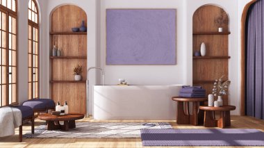 Boho tarzı ahşap banyo kemerli kapı ve pencereli, parke zemin. Serbest banyo küveti, halılar ve masalar beyaz ve mor tonlarda. Modern iç tasarım