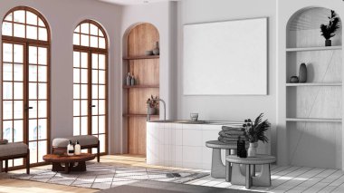 Mimar iç mimar konsepti: elle çizilmiş tamamlanmamış taslak proje parke ve kemerli pencereli gerçek, modern ahşap banyo haline geliyor. Boho tarzı