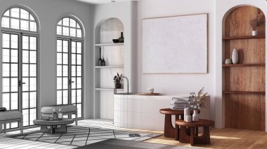 Mimar iç mimar konsepti: elle çizilmiş tamamlanmamış taslak proje parke ve kemerli pencereli gerçek, modern ahşap banyo haline geliyor. Boho tarzı