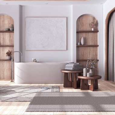 Beyazlar ve bej tonlarda parke zeminli ağarmış ahşap banyo. Serbest banyo küveti, halılar, sehpalar ve perdeler. Japandi çiftlik evi iç tasarımı