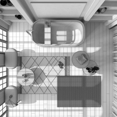 Tamamlanmamış proje taslağı, serbest küvetli ahşap banyo, sehpalar ve halılar. Parke zemin. Manzara, plan, yukarısı. Çiftlik evi iç tasarımı