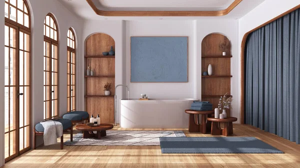 アーチ型の窓や寄木細工のあるブーホースタイルのバスルーム 白と青のトーンで自立浴槽 カーペットやサイドテーブル 木造日本インテリアデザイン — ストック写真