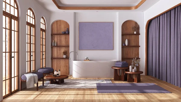 Banheiro Estilo Boho Com Janelas Arqueadas Parquet Banheira Independente Carpete — Fotografia de Stock