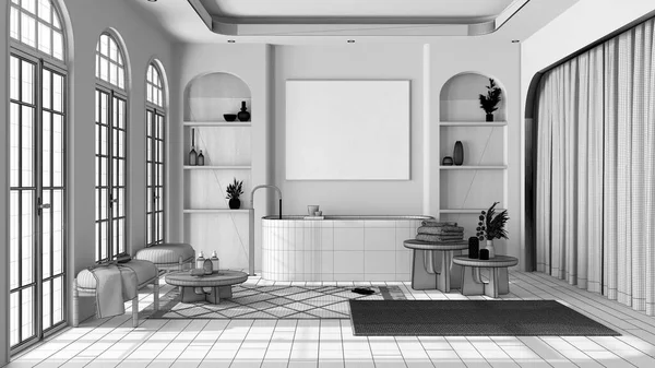 蓝图未完成的项目草稿 浴室风格波和拱形窗户和花束 独立的浴缸 地毯和边桌 日本木制室内设计 — 图库照片