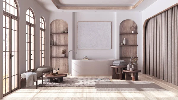 Stock image Bathroom in boho style with arched windows and parquet. Freestanding bathtub, carpet and side tables in bleached and beige tones. Japandi wooden interior design