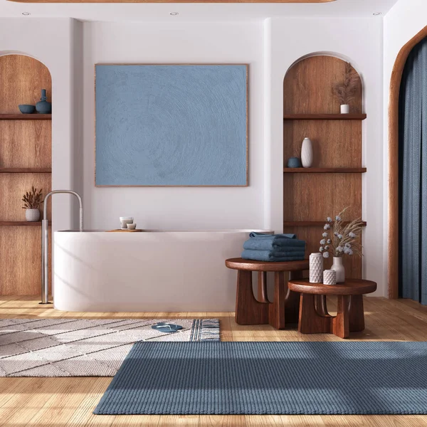 Holzbad Weißen Und Blauen Tönen Mit Parkettboden Freistehende Badewanne Teppiche — Stockfoto