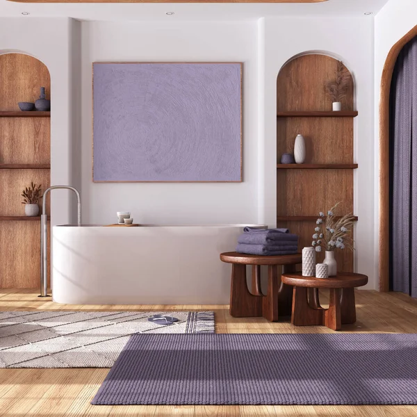 寄木細工の床と白と紫のトーンで木製のバスルーム 自立浴槽 カーペット コーヒーテーブルとカーテン 日本の農家のインテリアデザイン — ストック写真