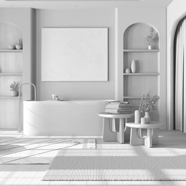 整个白色工程草案 木制浴室与花篮地板 独立的浴缸 咖啡桌和窗帘 日本农舍室内设计 — 图库照片