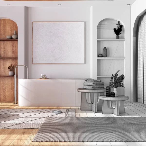 建築家のインテリアデザイナーのコンセプト 手描きの未完了のプロジェクトは 寄木細工と本物の 木製のバスルームになります バスタブ カーペット テーブルとカーテン 日本風 — ストック写真