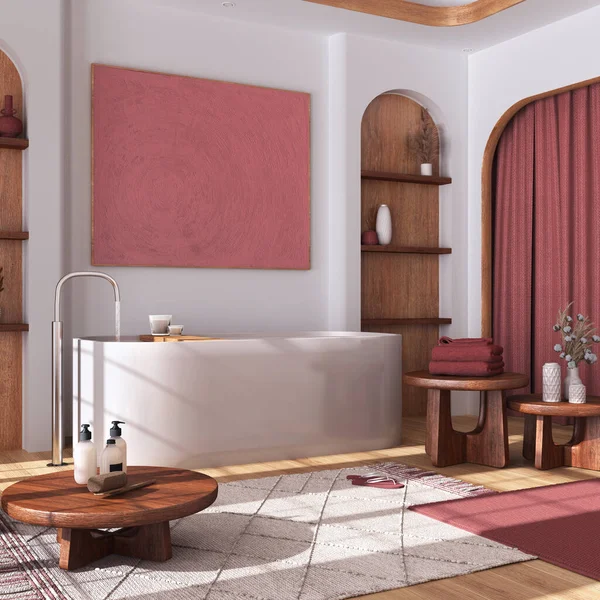 Moderní Dřevěná Koupelna Záclonami Vanou Stoly Koberci Bílém Červeném Tónu — Stock fotografie