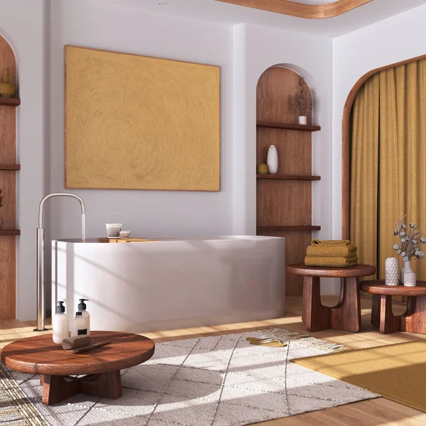 Moderní Dřevěná Koupelna Záclonami Vanou Stoly Koberci Bílém Žlutém Tónu — Stock fotografie