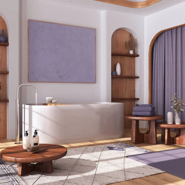 Moderní Dřevěná Koupelna Záclonami Vanou Stoly Koberci Bílých Fialových Tónech — Stock fotografie