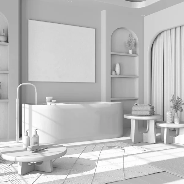 整个白色项目草案 现代木制浴室与窗帘 桌子和地毯 地板和拱门 日本室内设计 — 图库照片