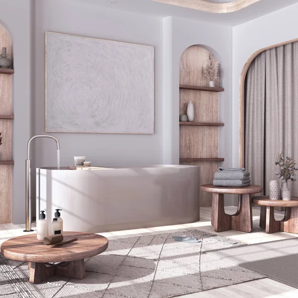 Moderno Banheiro Madeira Branqueada Com Cortinas Banheira Mesas Tapetes Tons — Fotografia de Stock
