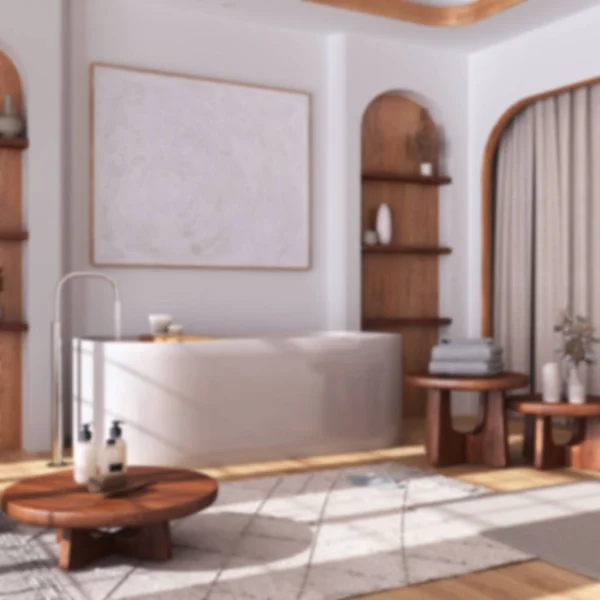 背景が赤く カーテン バスタブ テーブルとカーペット付きのモダンな木製バスルーム 寄木細工の床とアーチ型のドア 日本インテリアデザイン — ストック写真