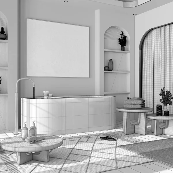 Blaupause Unvollendeter Projektskizze Modernes Holzbad Mit Vorhängen Badewanne Tischen Und — Stockfoto