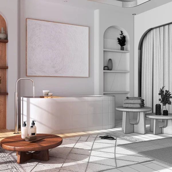 Concepto Interiorista Arquitecto Proyecto Inacabado Dibujado Mano Que Convierte Baño — Foto de Stock