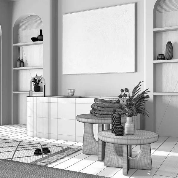 蓝图未完成的项目草稿 经典木制浴室与独立浴缸 咖啡桌和地毯 地板和货架 农舍室内设计 — 图库照片