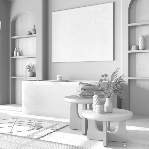 全白色工程草案 经典木制浴室与独立浴缸 咖啡桌和地毯 地板和货架 农舍室内设计 — 图库照片