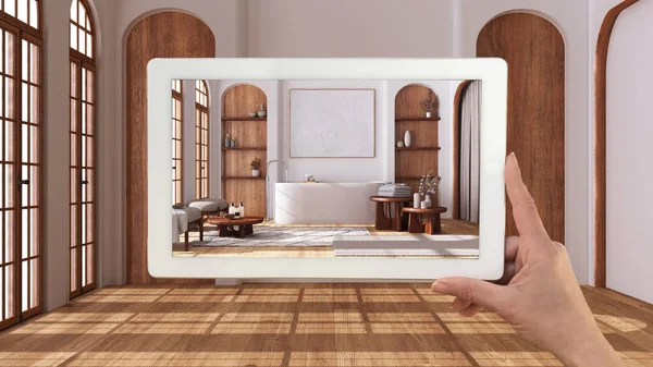 Augmented Reality Konzept Tablet Mit Anwendung Zur Simulation Von Möbeln — Stockfoto