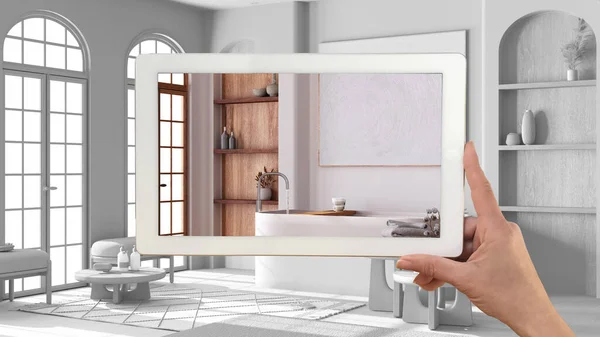 Концепция Дополненной Реальности Ручной Планшет Приложением Используется Имитации Мебели Дизайне — стоковое фото