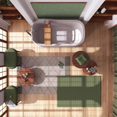 Serbest banyo küveti, kahve masaları ve beyaz ve yeşil tonlarda halıları olan ahşap bir banyo. Parke zemin. Manzara, plan, yukarısı. Çiftlik evi iç tasarımı