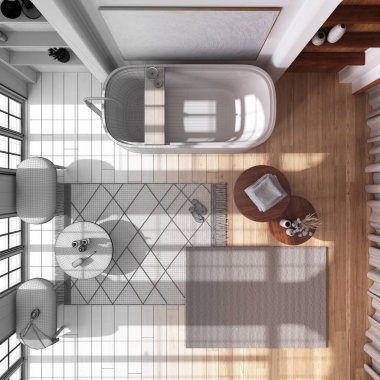 Mimari iç mimar konsepti: elle çizilmiş, tamamlanmamış, serbest küvetli banyo projesi. Manzara, plan, yukarısı. Çiftlik evi tarzı